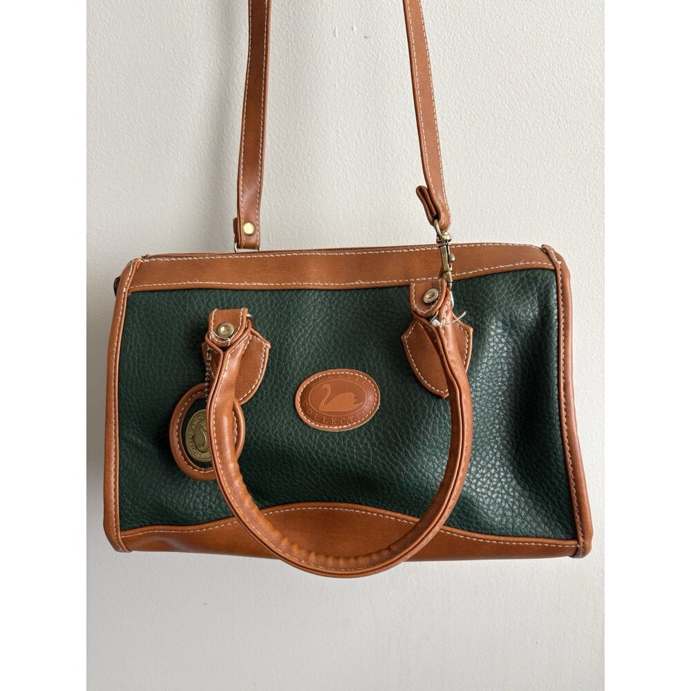 Vintage Green & Brown Satchel Handbag Classic Collection Swan Logo Crossbody Bag